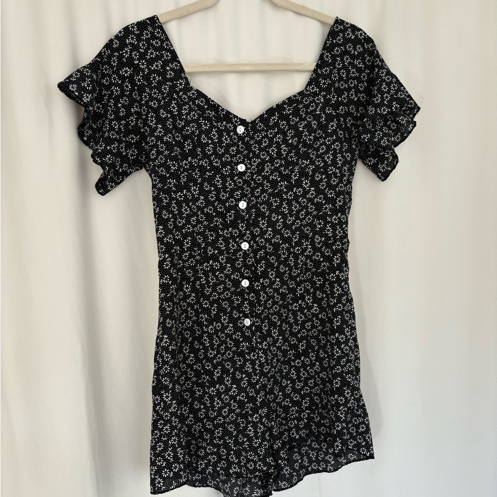 Black and White Floral Button-Up romper
